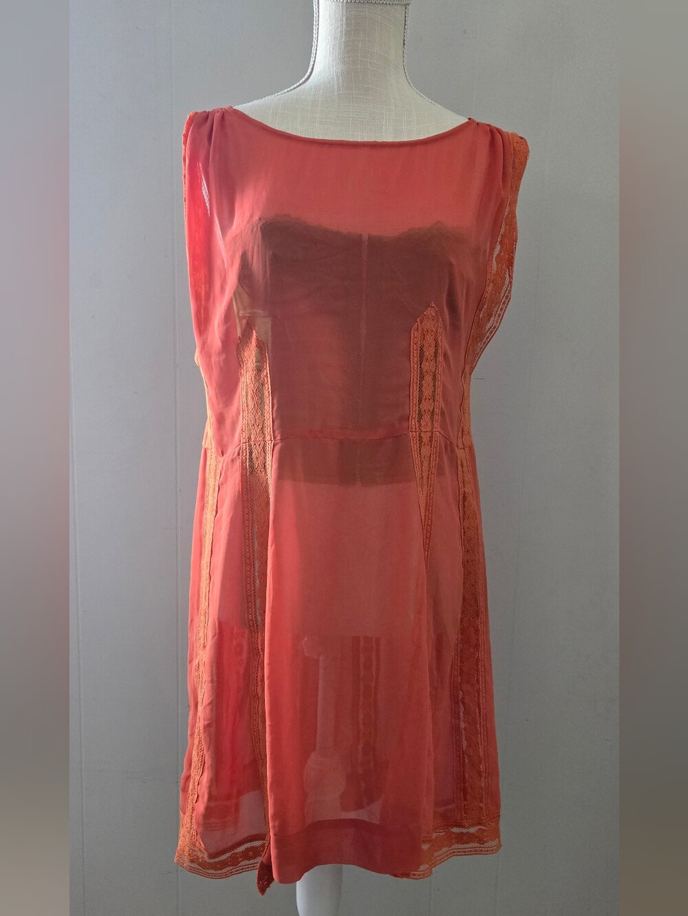 Free People Sheer Coral Lace-Trim Mini Dress